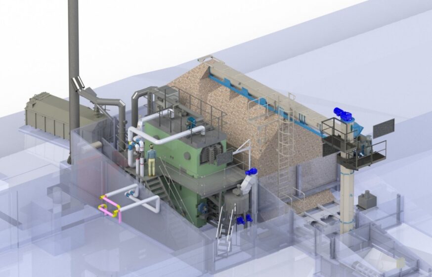 3D model of a biomass boiler plant showing fuel handling, boiler and flue gas systems