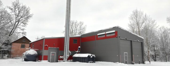 Completed district heating boiler plant with chimney and auxiliary buildings