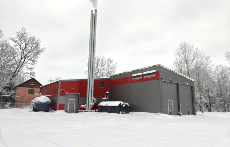 Completed district heating boiler plant with chimney and auxiliary buildings