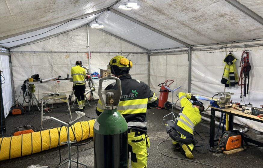 Industrial pipe welding work performed on-site by certified welders