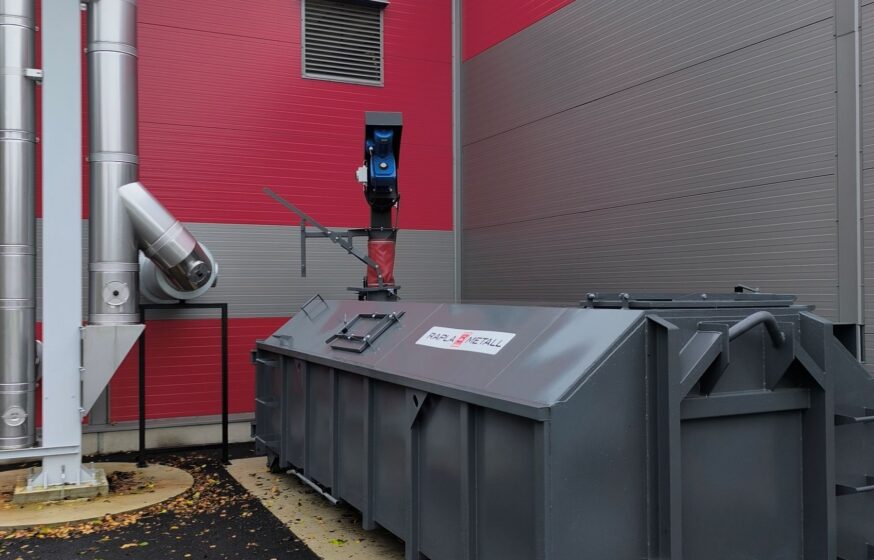 Ash container with screw conveyor and level sensor installed at Aravete biomass boiler house