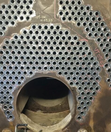 Biomass boiler front view after complete boiler tube replacement performed by Tamult