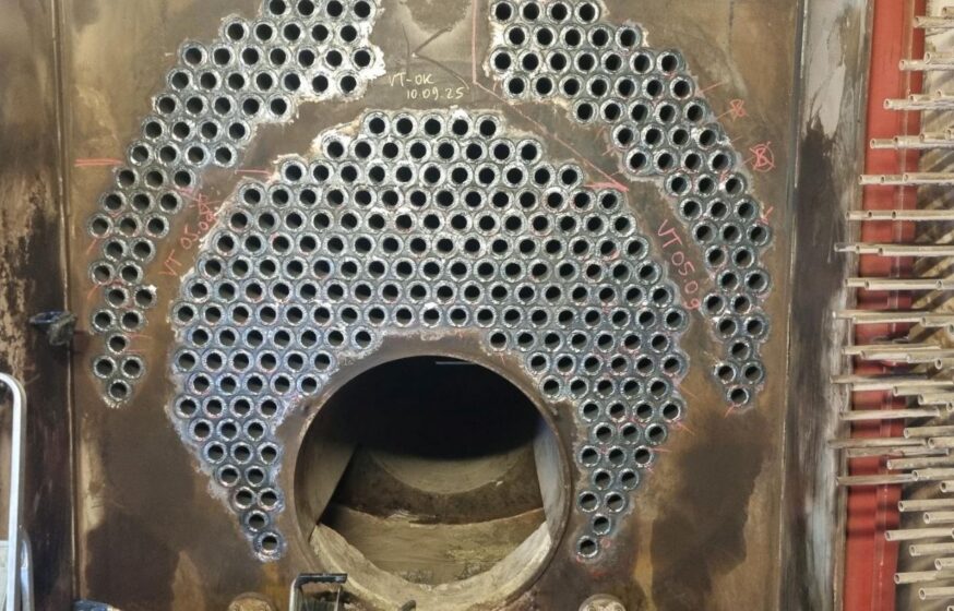 Biomass boiler front view after complete boiler tube replacement performed by Tamult