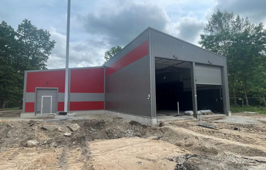 Industrial boiler house building under construction with steel cladding and concrete foundation