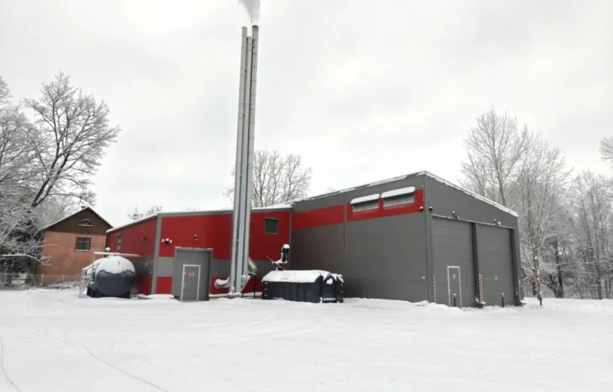 Completed district heating boiler plant with chimney and auxiliary buildings